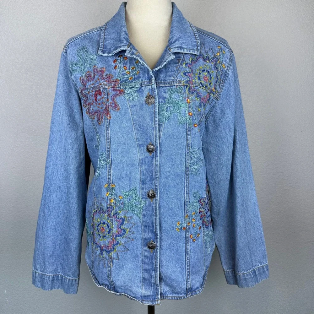 Vintage 90s White Stag Denim Beaded Jacket Embroidered Floral Button Up Large - Picture 2 of 10